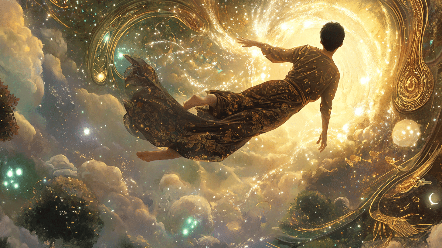 a man in his pajamas floating through a dreamscape