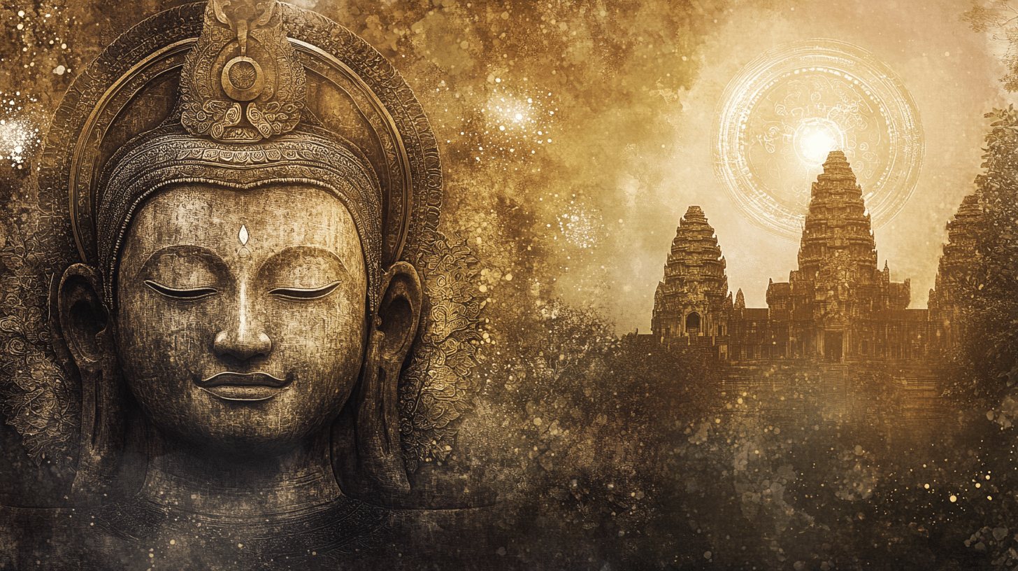 a statue of Buddha with Angkor Wat in the distance
