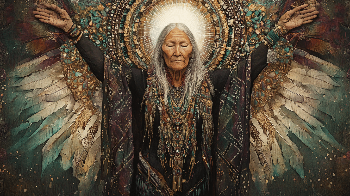 An elder shaman woman calling in the light