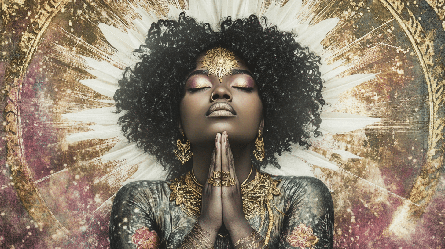 A woman in prayer pose radiating golden light, symbolizing the connection between manifesting breathwork and unlocking mystical abilities.