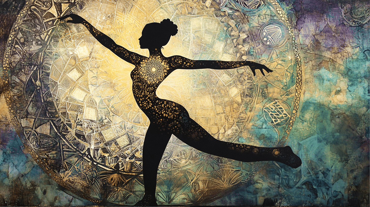 A silhouetted dancer framed by cosmic golden mandalas, representing sacred movement as a path to enhance psychic abilities and spiritual flow.