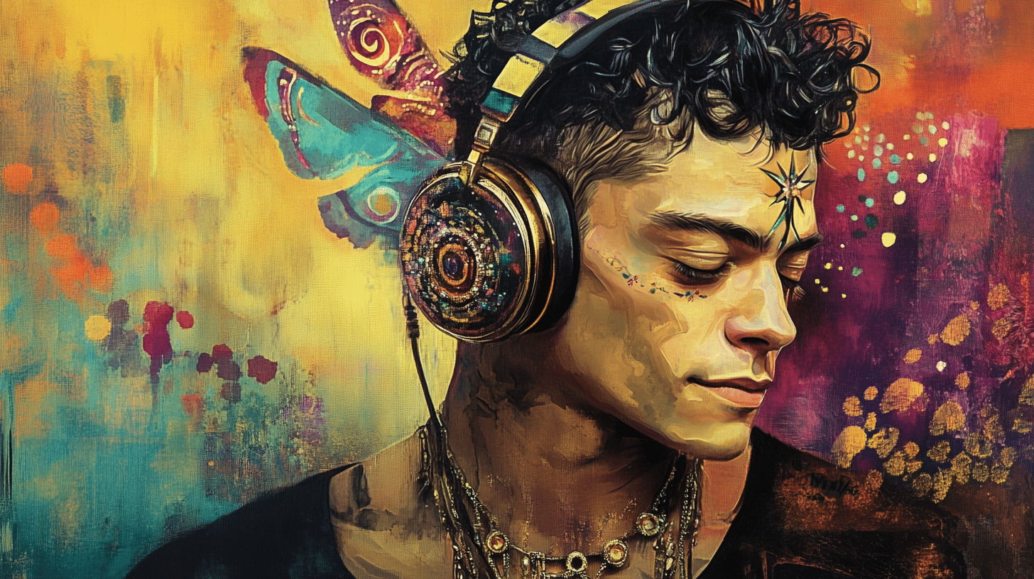 A young man wearing headphones, adorned with spiritual face markings, immersed in solfeggio sound frequencies that amplify psychic abilities and mystical energy.